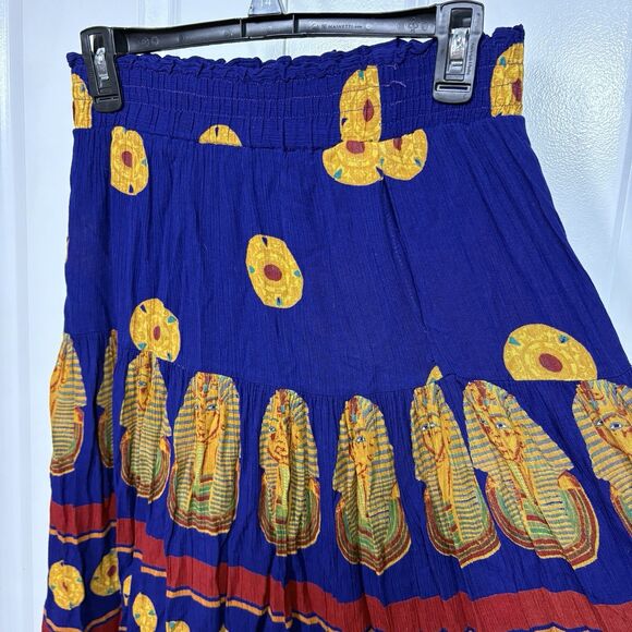 Boho Egyptian Print Skirt Womens M Blue Red Elastic Waist Festival Cottagecore - Picture 3 of 8